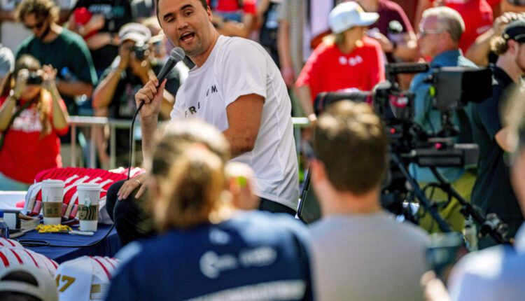 Charlie Kirk pictured at the rally on Utah Valley University's campus.