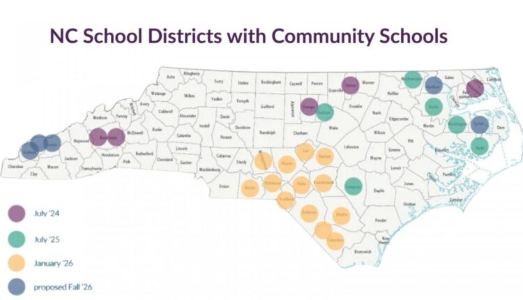 North Carolina state map showing different school districts.