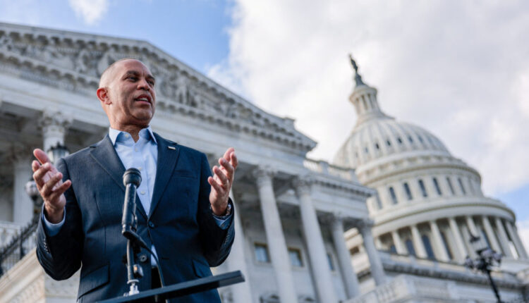 US House Minority Leader Hakeem Jeffries (D-NY) speaks on Capitol Hill in Washington